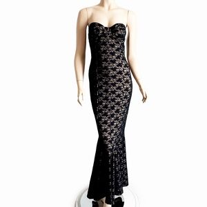 90s Norma Kamali OMO Evening Dress Black Lace Fishtail Hem Vintage Formal Sexy M